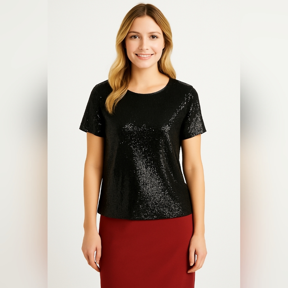 Dynamite Black Sequin Short Sleeve Top Size Small